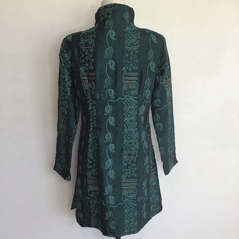 MINIYE ASIAN WOMEN ELEGANT TEAL GREEN EMBROIDERED FLORAL DESIGN SILK COAT SZ XL - Picture 2 of 10